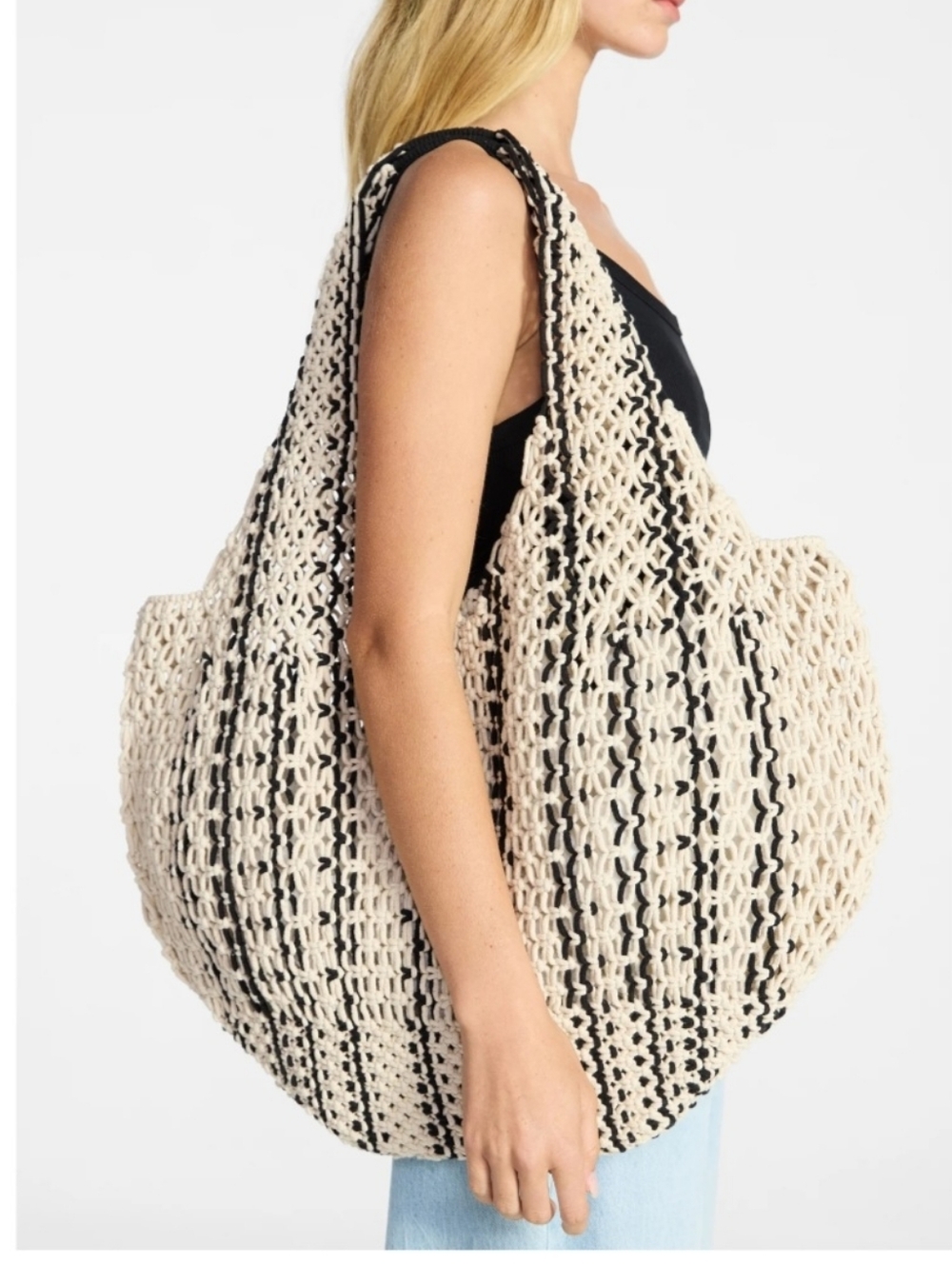 No Boundaries Oversized Crochet Tote Bag NWT Black/Cream Stripe FESTIVAL BOHO